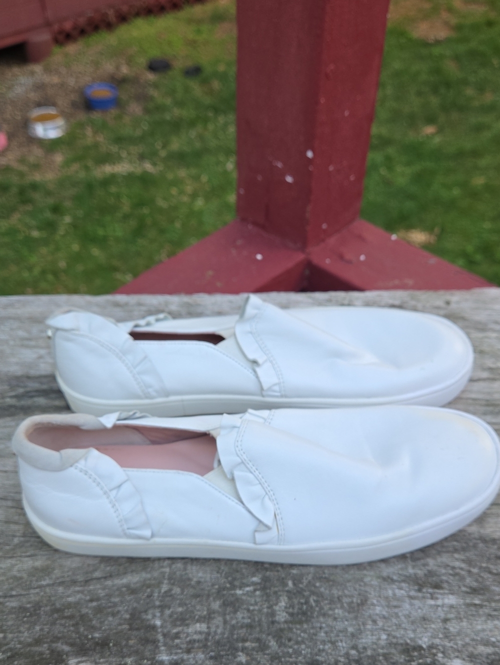 kate spade Lillie White Leather Slip-On Flats with Ruffle Trim